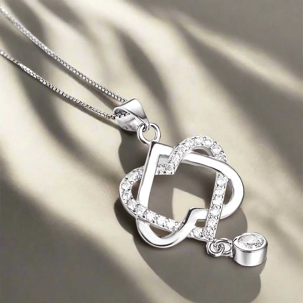 14K White Gold Plated Interlocked Heart Drop CZ Pendant Necklace For Woman