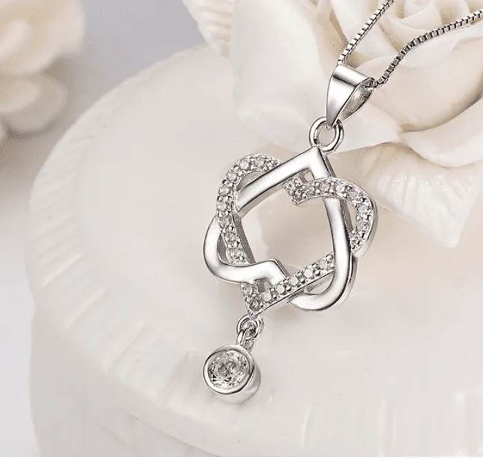 14K White Gold Plated Interlocked Heart Drop CZ Pendant Necklace For Woman