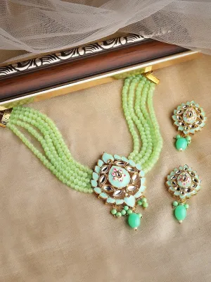 22K Gold-Plated Mint Green Beaded Choker Jewellery Set with Intricate Kundan Work