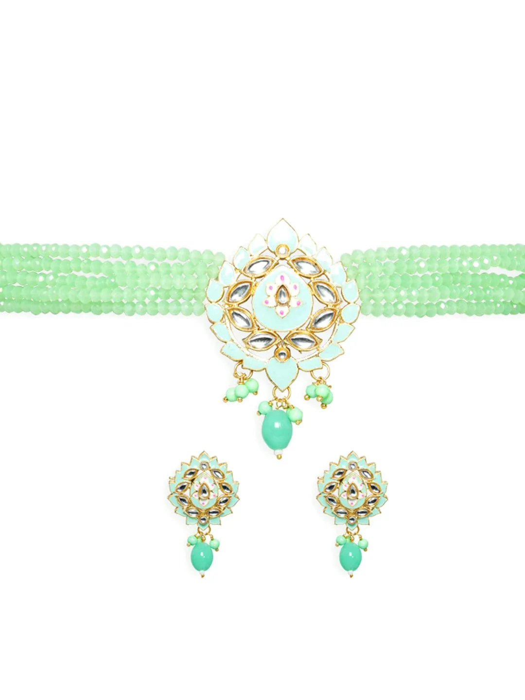 22K Gold-Plated Mint Green Beaded Choker Jewellery Set with Intricate Kundan Work