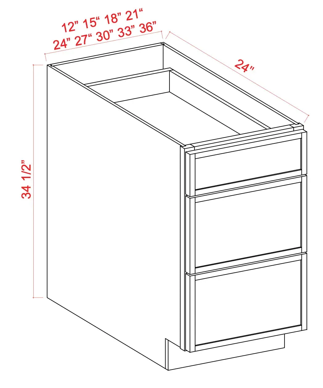 3 Drawer Base Cabinet 12"-36" - Shaker Slim