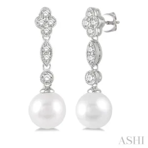 7X7MM Cultured Pearls and 1/3 Ctw Round Cut Diamond Drop Earrings in 14K White Gold