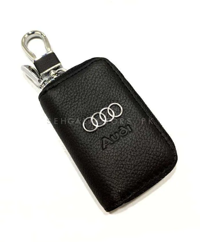 Audi Zipper Matte Leather Key Cover Pouch Black with Keychain Ring