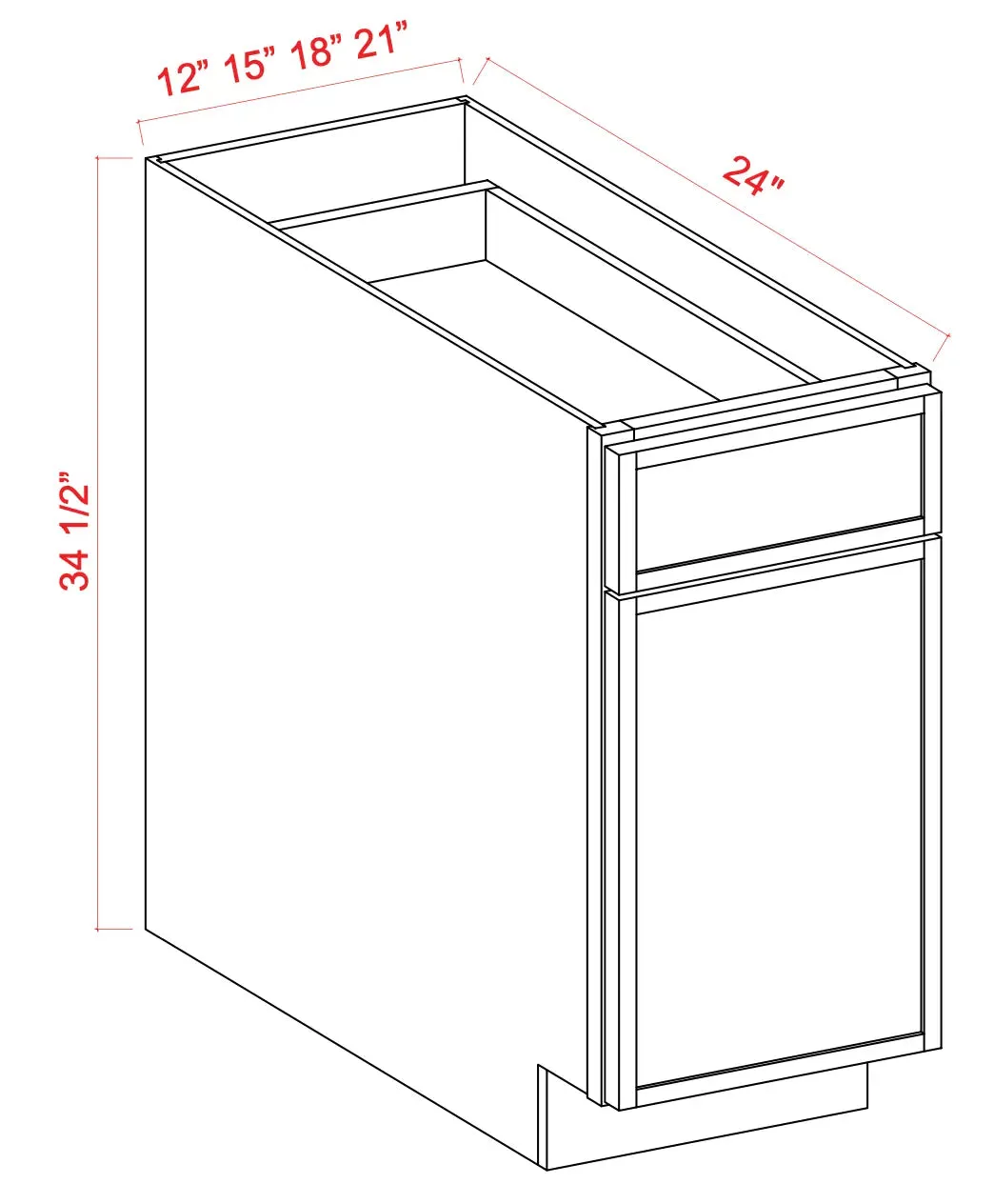 Base Cabinet 12"-21" - One Door One Drawer - Shaker Slim