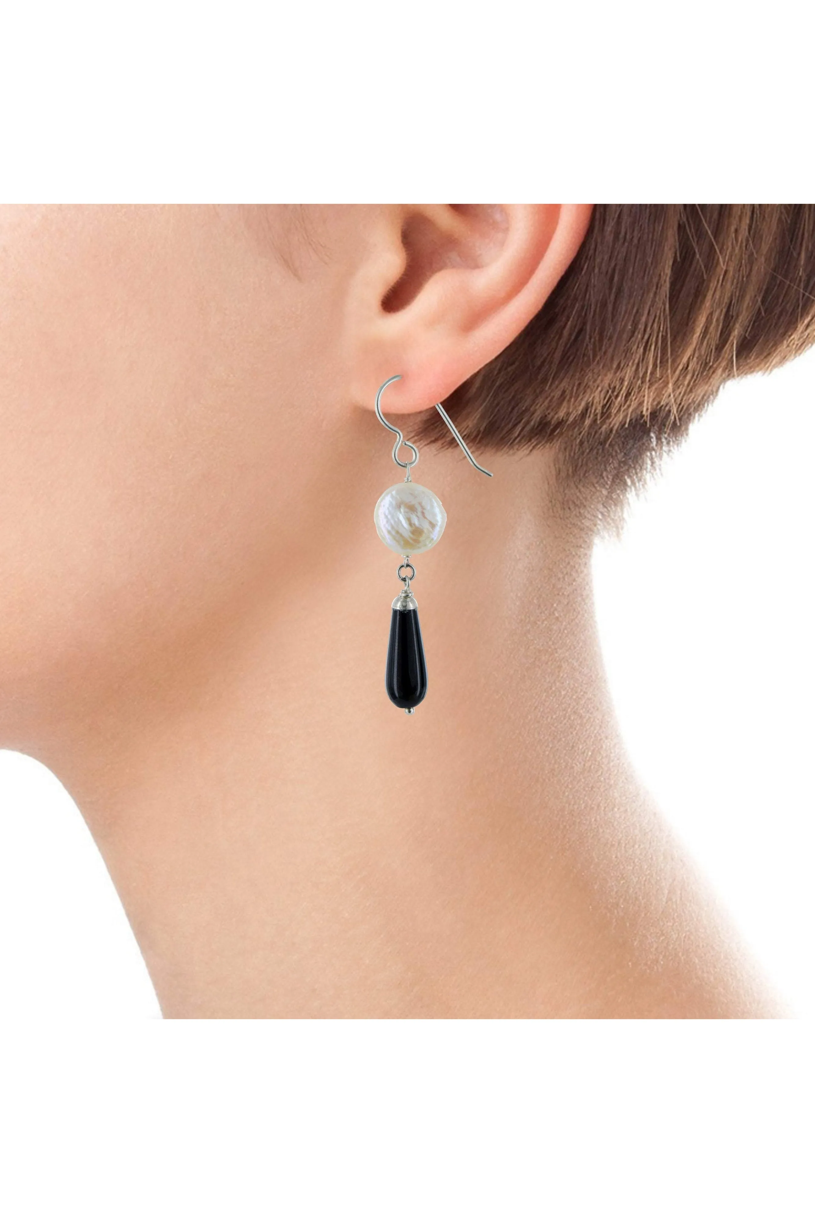 Black and White Earrins, Pearl, Black Onyx Gemstone Earrings