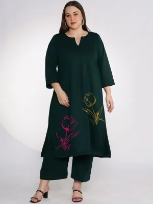 BottleGreen Fleece LongKurta - AmberRose