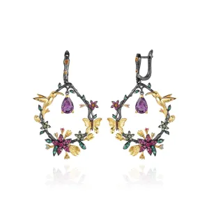 Colourful Gemstone Bird and Flower Design Silver Drop Earrings for Women