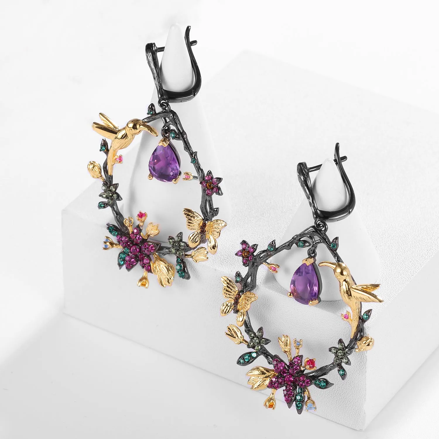 Colourful Gemstone Bird and Flower Design Silver Drop Earrings for Women