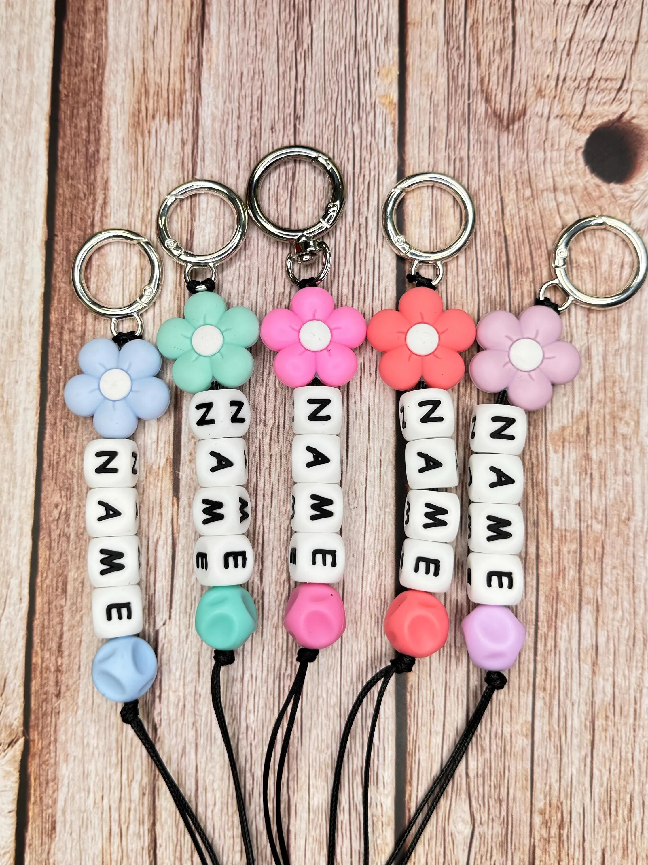 Customizable Name Keychain - Teal Flower Bead & Silicone Letter Beads Personalized Key Ring