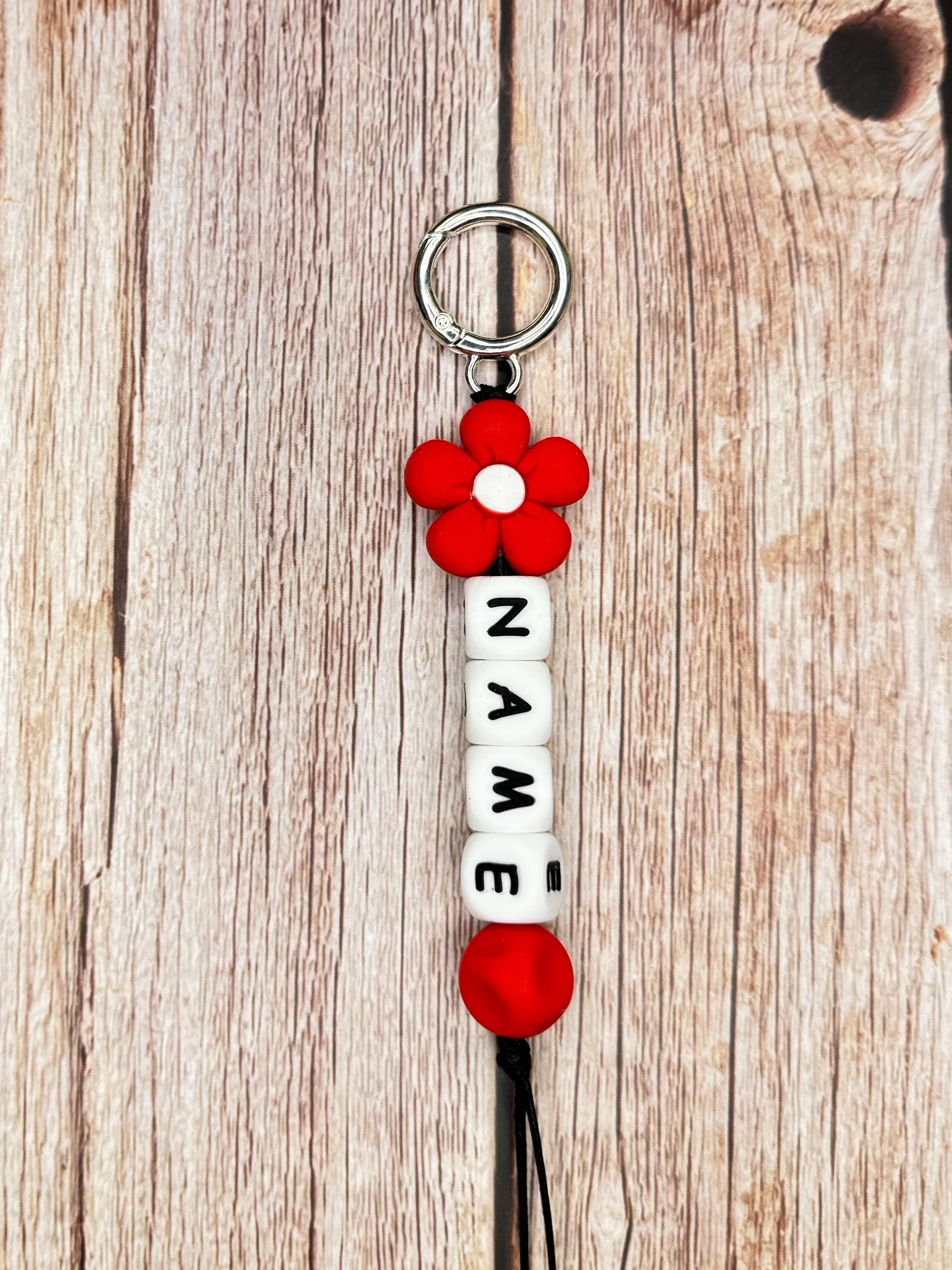 Customizable Name Keychain - Teal Flower Bead & Silicone Letter Beads Personalized Key Ring