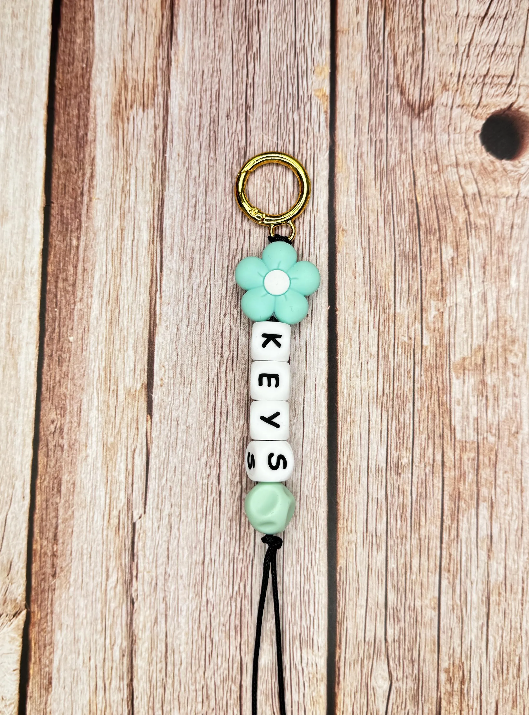 Customizable Name Keychain - Teal Flower Bead & Silicone Letter Beads Personalized Key Ring