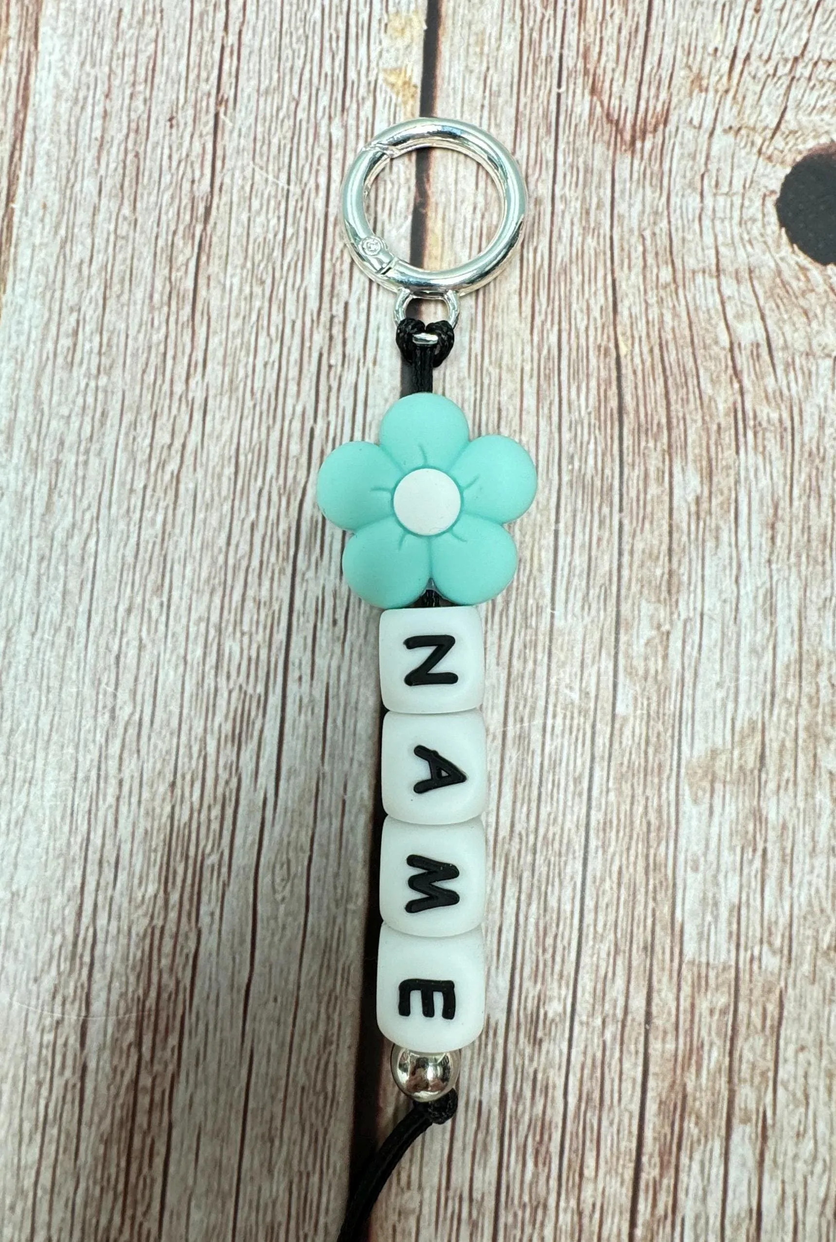 Customizable Name Keychain - Teal Flower Bead & Silicone Letter Beads Personalized Key Ring