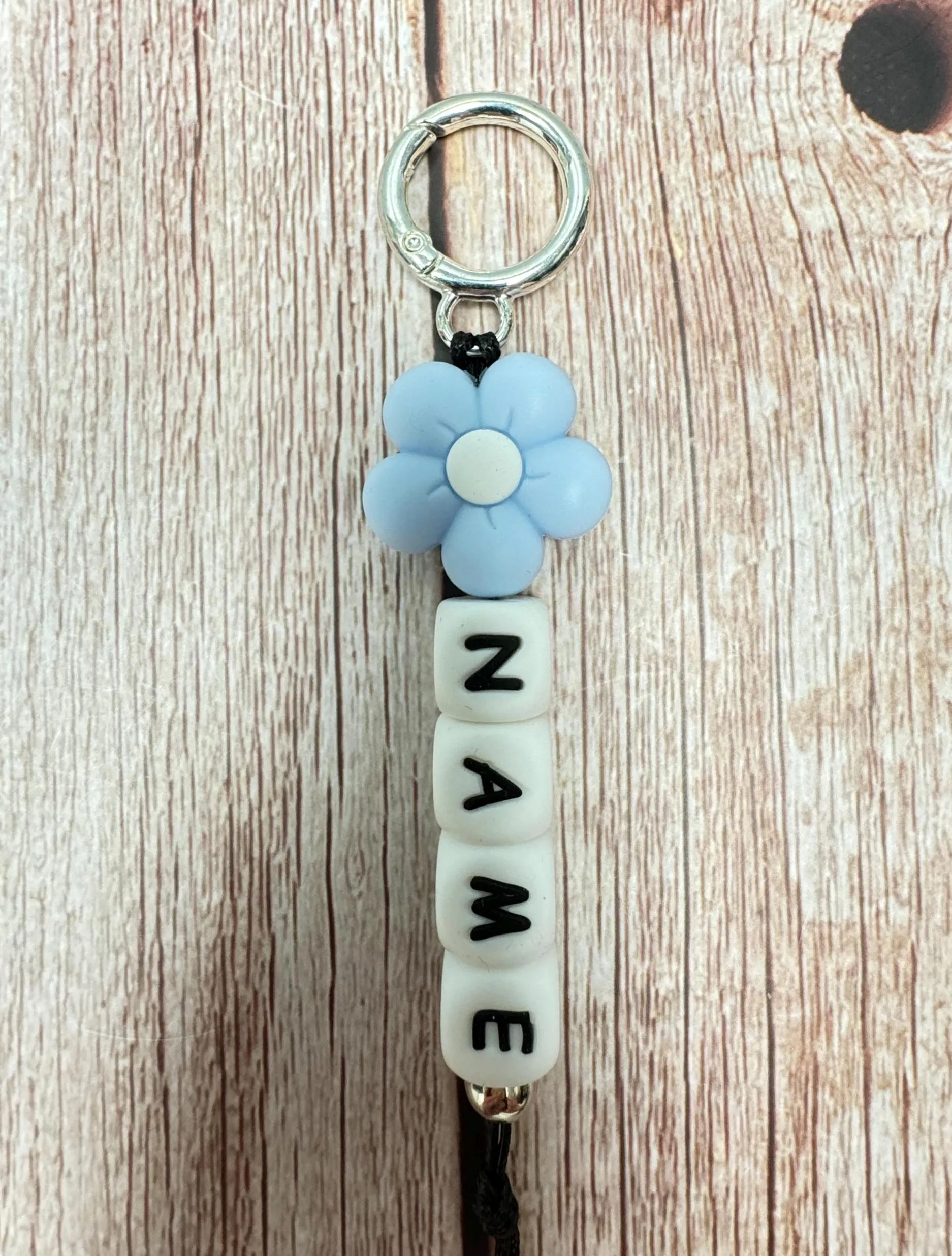 Customizable Name Keychain - Teal Flower Bead & Silicone Letter Beads Personalized Key Ring