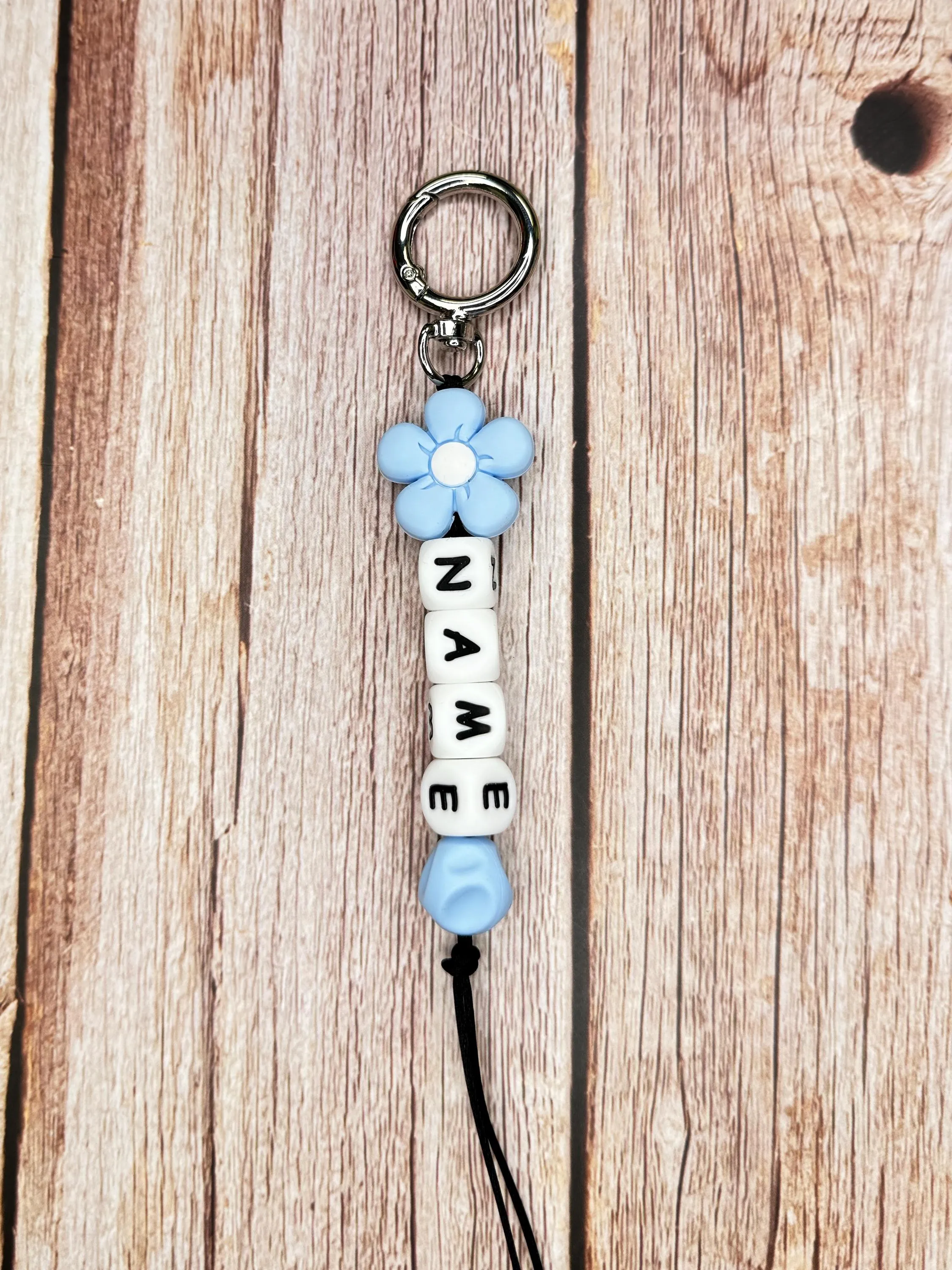 Customizable Name Keychain - Teal Flower Bead & Silicone Letter Beads Personalized Key Ring