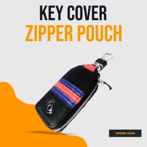 DFSK Zipper Jeans Key Cover Pouch Black With Red Blue Strip Keychain Ring