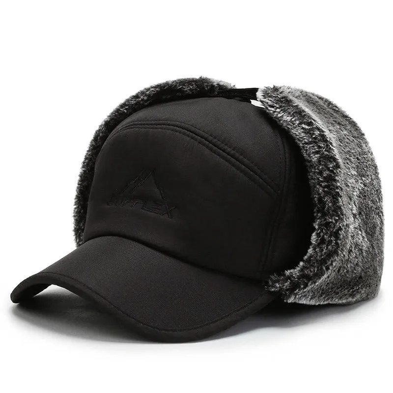 Fleece Lined Curve Brim Trapper Hat with Face Mask (Black/Blue/Gray)