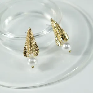 Gold Leaf Drop Earrings with Pearl Accent-jlt11859