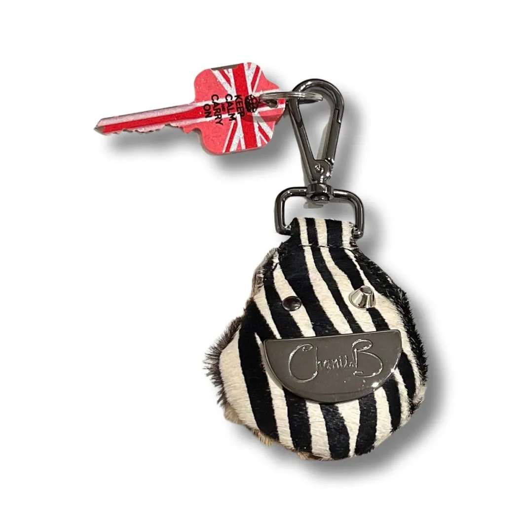 Happy Key Chain- zebra/giraffe print cow hide