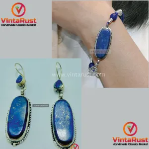 Lapis Lazuli Long Dangle Earrings with Gemstone Bracelet