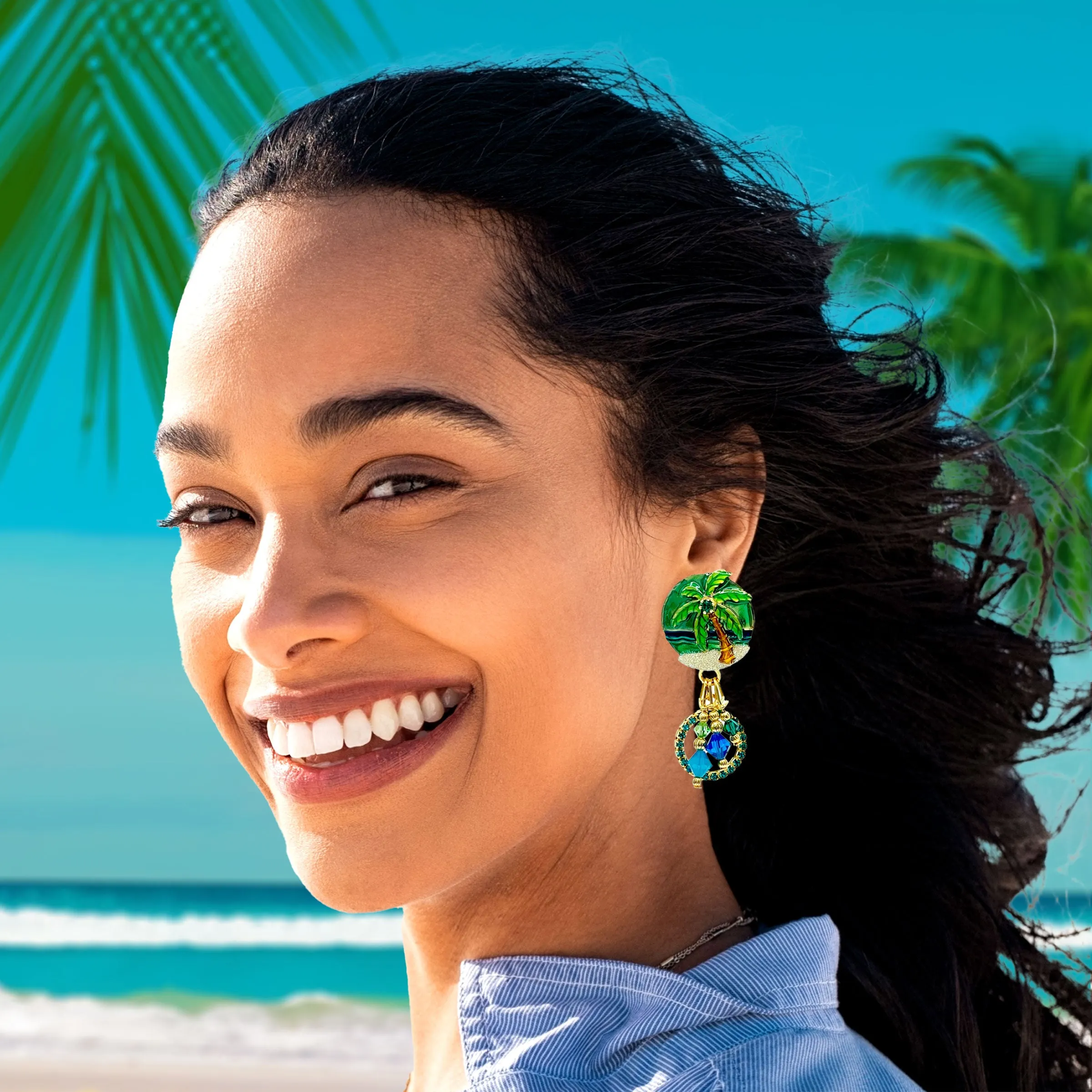 Lunch at The Ritz Coastal Chic Tropical Beach and Palm Tree Earrings Goldtone