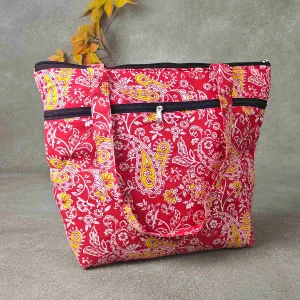 Medium Size Handbag Red with Yellow and White Flower Leaf Design Prints.