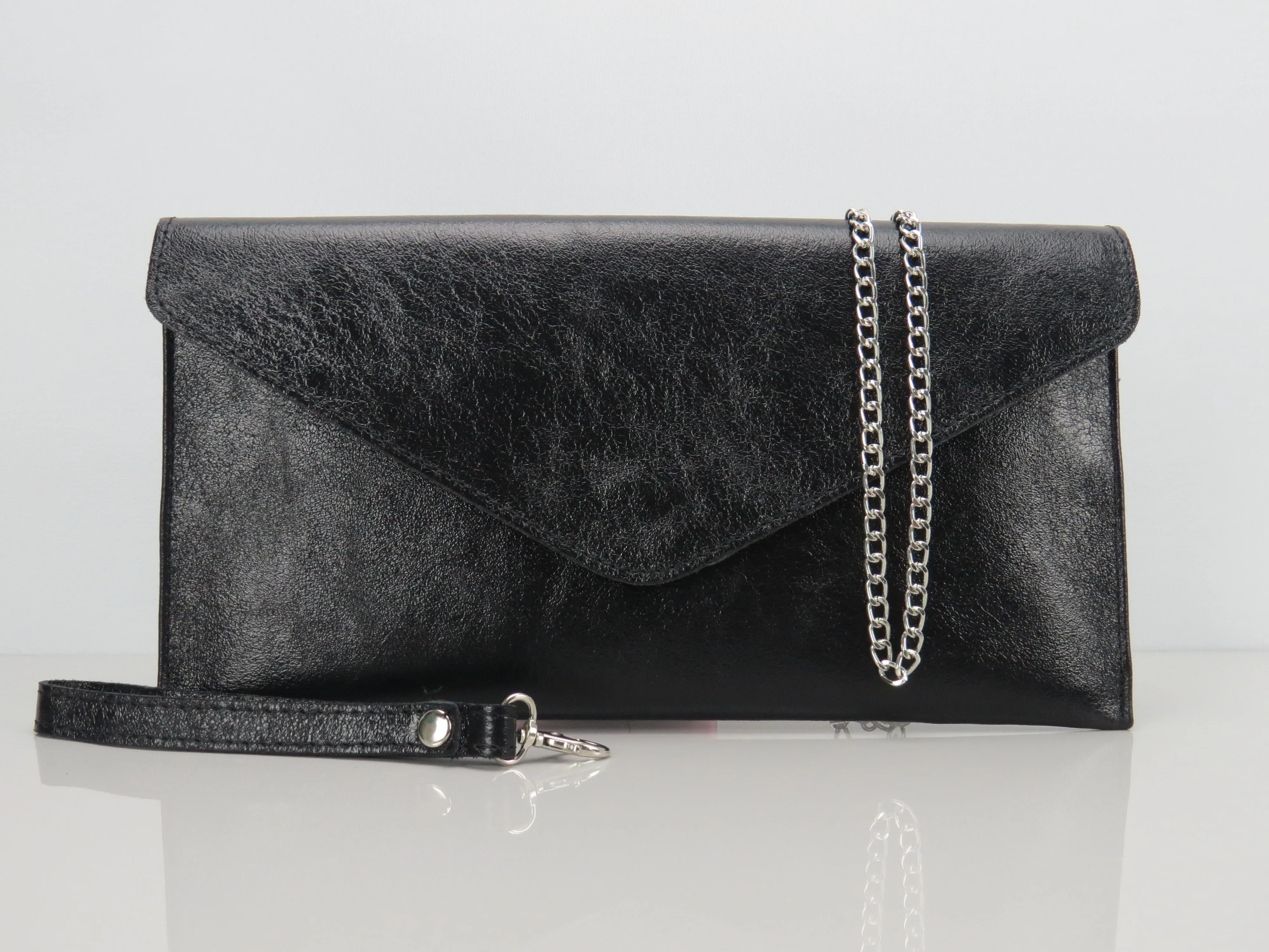 Metallic Black Envelope Clutch Bag