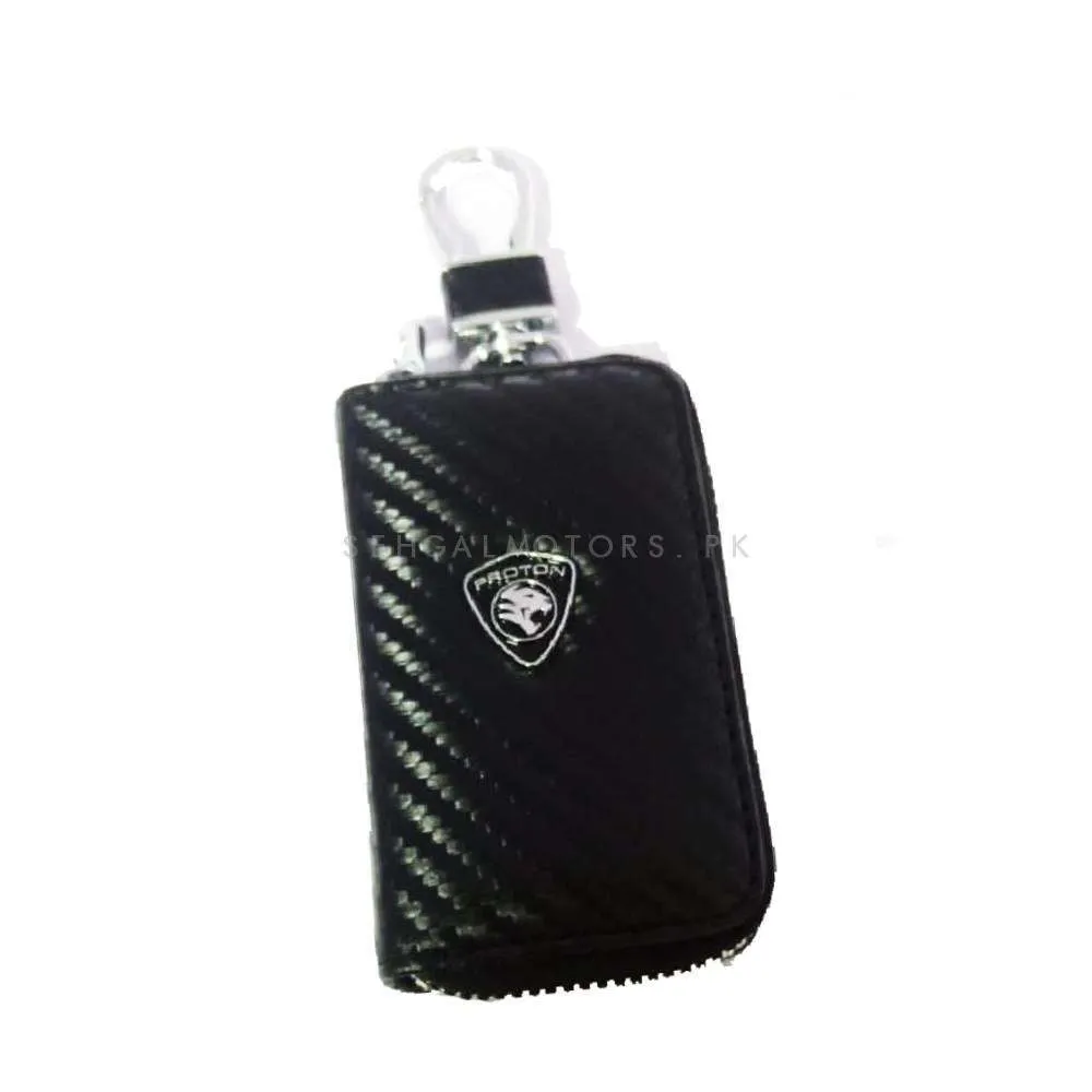 Proton Zipper Carbon Fiber Leather Key Cover Pouch Black with Keychain Ring