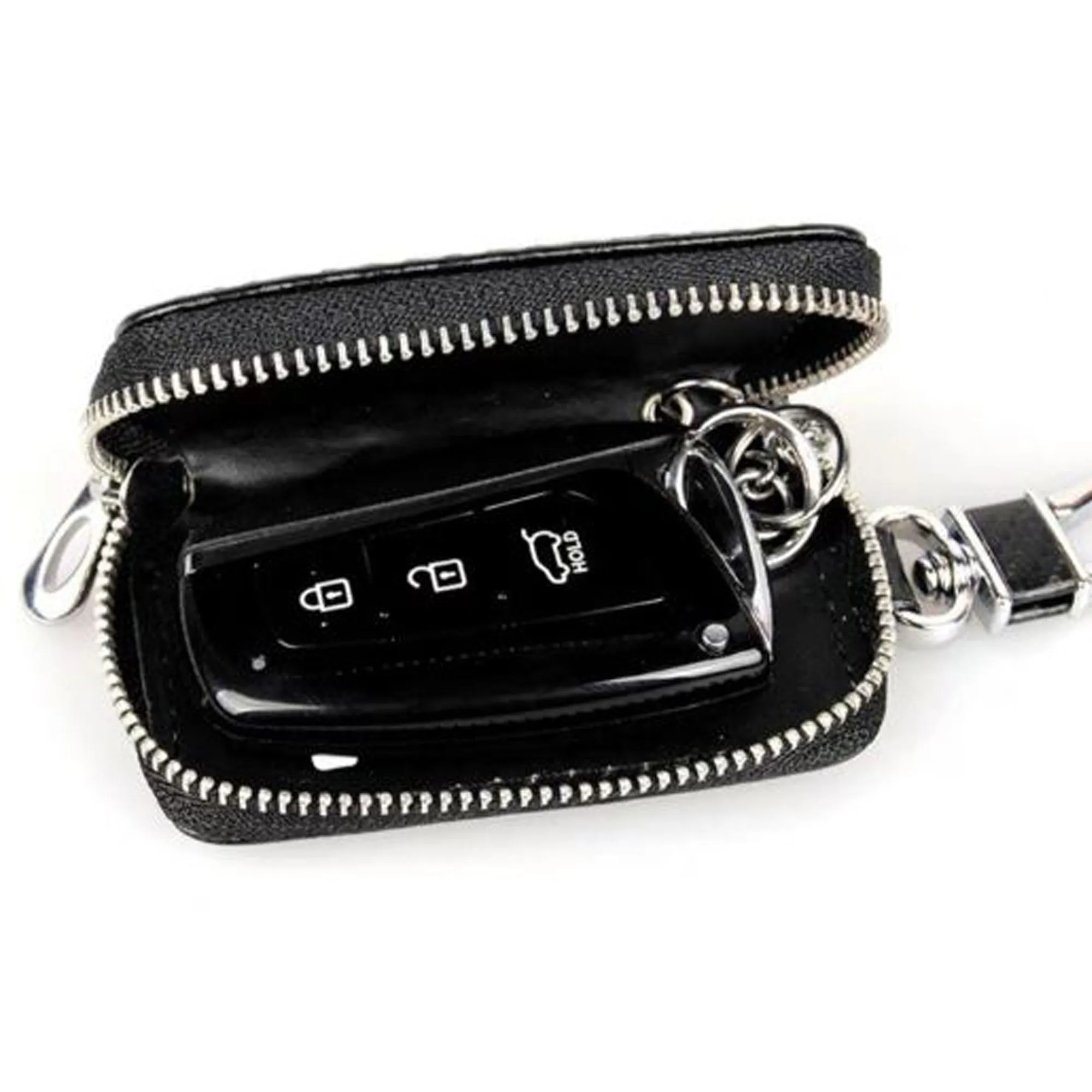 Proton Zipper Carbon Fiber Leather Key Cover Pouch Black with Keychain Ring