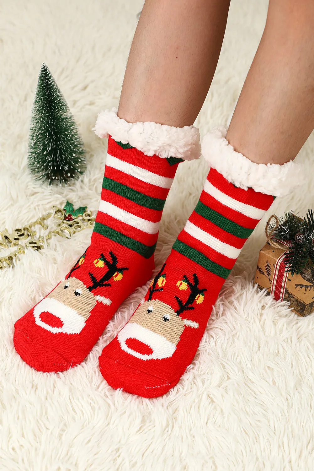 Red Christmas Cartoon Pattern Woolen Knit Socks