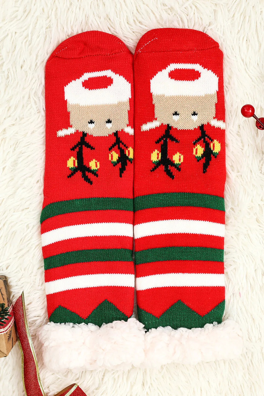 Red Christmas Cartoon Pattern Woolen Knit Socks