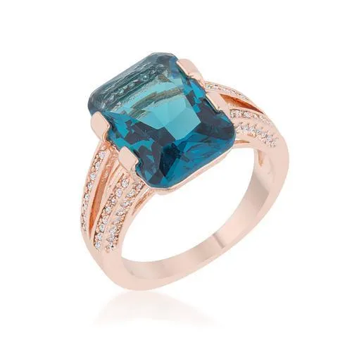 Rema 8.6ct Aqua CZ Rose Gold Emerald Classic Cocktail Ring