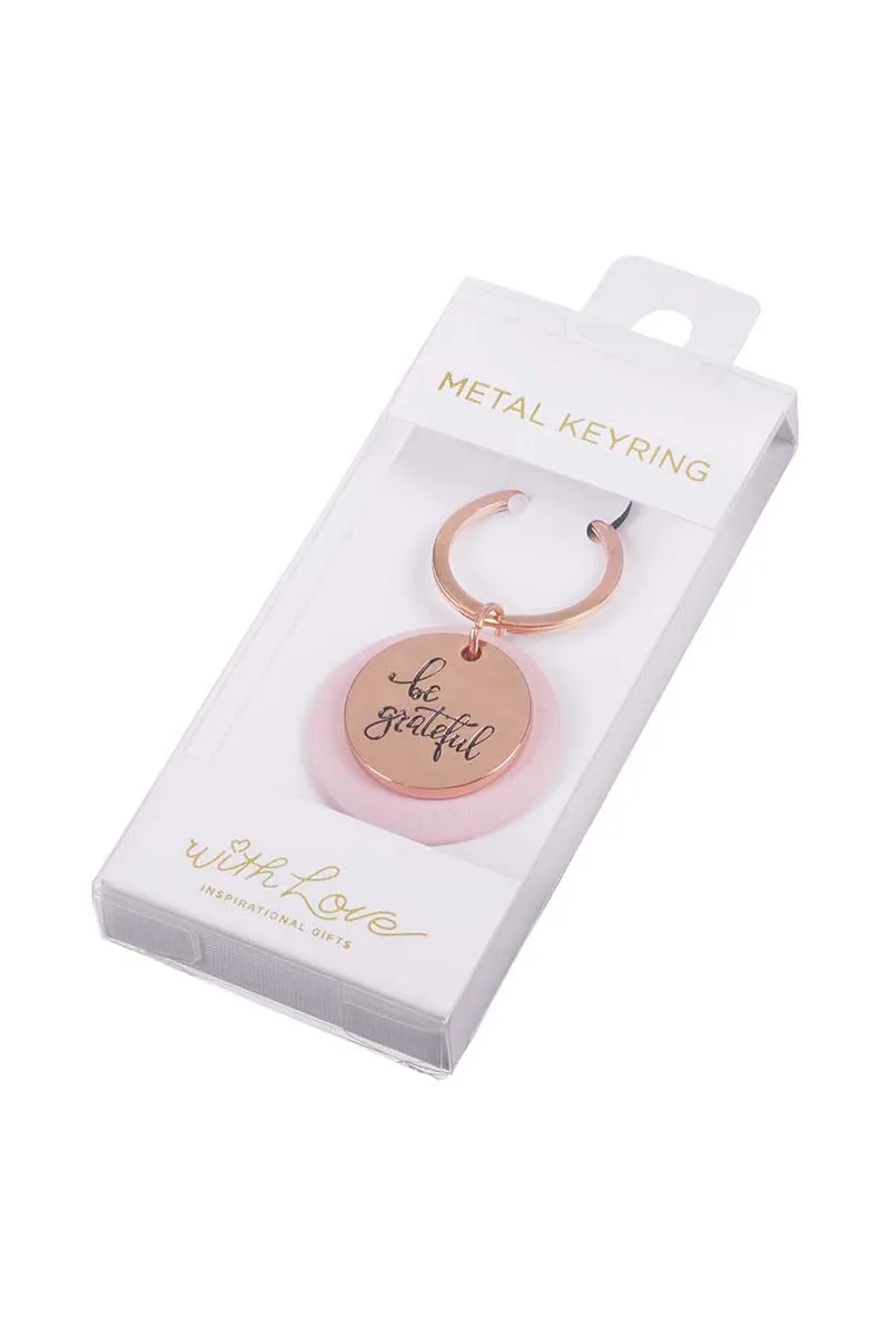 Rose Goldtone 'Be Grateful' and Pink Faux Leather Layered Disk Keyring