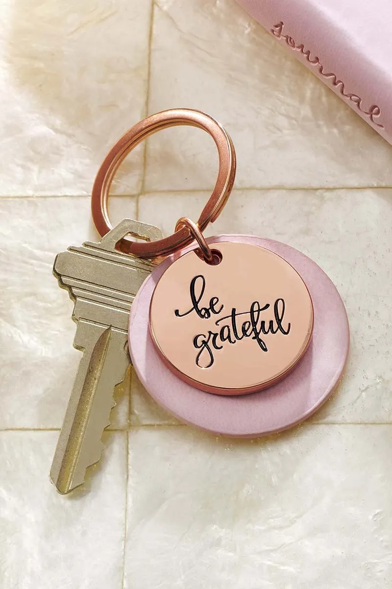 Rose Goldtone 'Be Grateful' and Pink Faux Leather Layered Disk Keyring