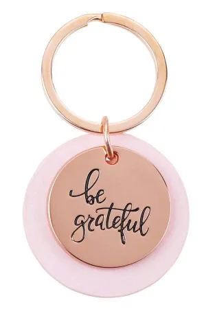 Rose Goldtone 'Be Grateful' and Pink Faux Leather Layered Disk Keyring