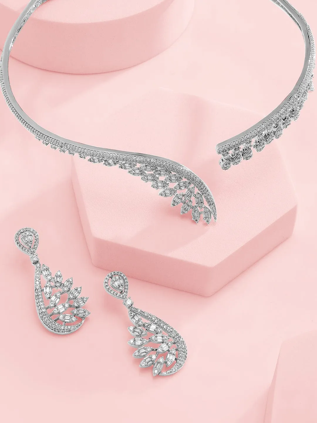 Rubans Silver-Plated AAA Cubic Zirconia Studded Leaf-Inspired Statement Choker Necklace Set