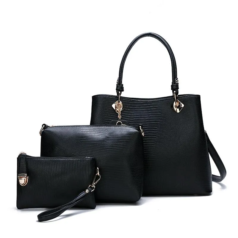 SS Patterned Handbag Set of 3 Bags - Black