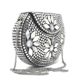 Trend Overseas Silver metal Beaded Ethnic purse Girls Bridal Bag cross body bag for women/Girl party clutch Metal clutches Vintage Brass (MOP Flower)