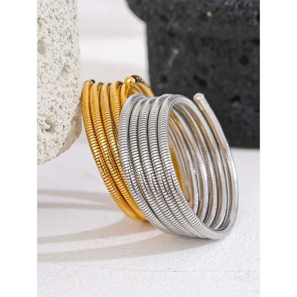 VAIGE Stainless Steel Stackable Multi-Layer Waterproof Elastic Bangle Bracelet - Trendy Geometric Fashion Jewelry