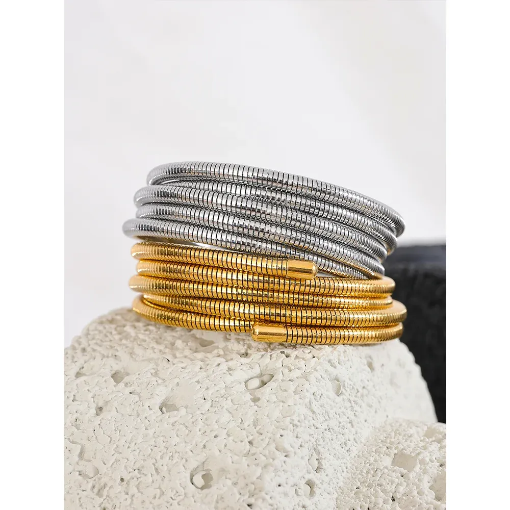 VAIGE Stainless Steel Stackable Multi-Layer Waterproof Elastic Bangle Bracelet - Trendy Geometric Fashion Jewelry