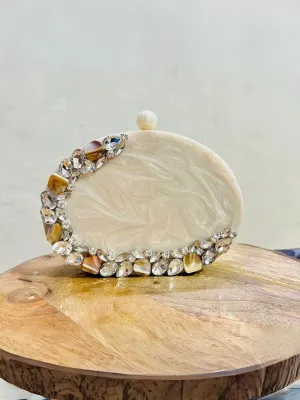 White Embroidered Resin Oval Wedding Clutch