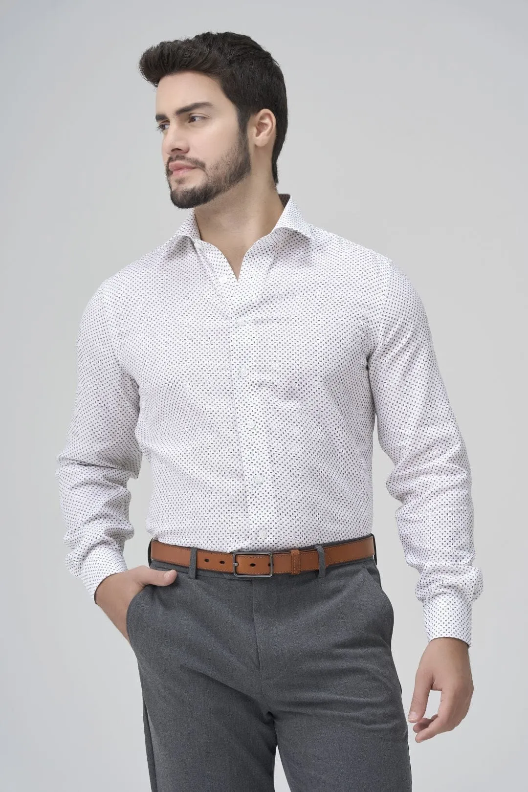 White with Fine Black Print Slim Fit Non Iron Dress Shirt