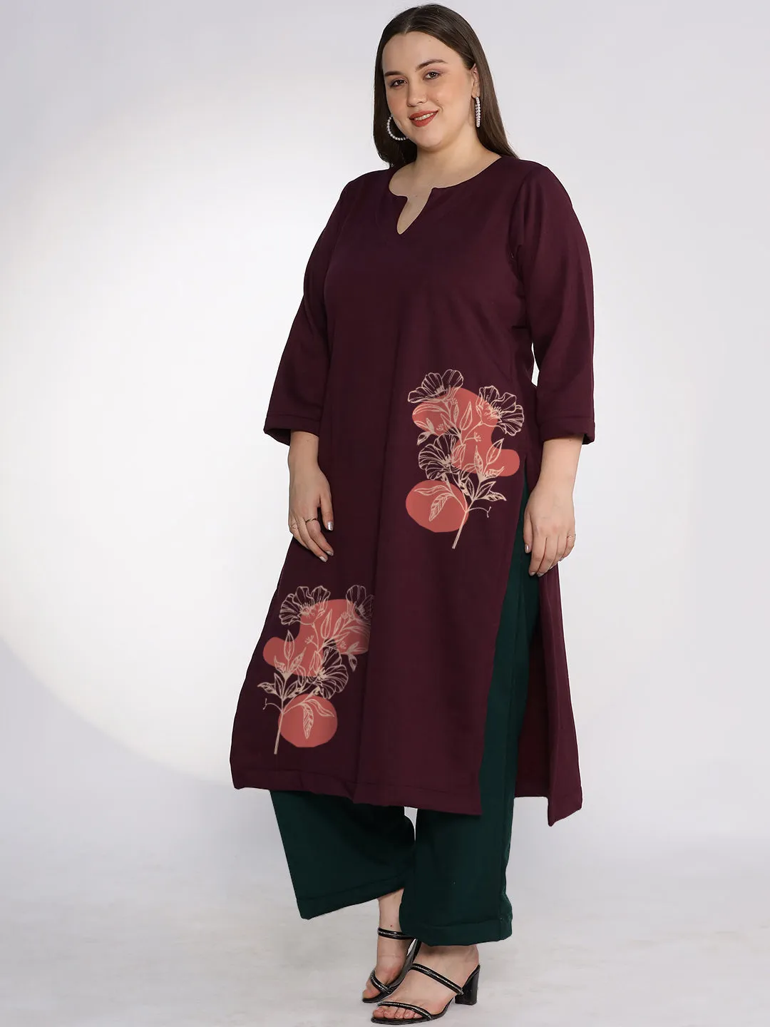 Wine Fleece LongKurta - PinkSnowdrop